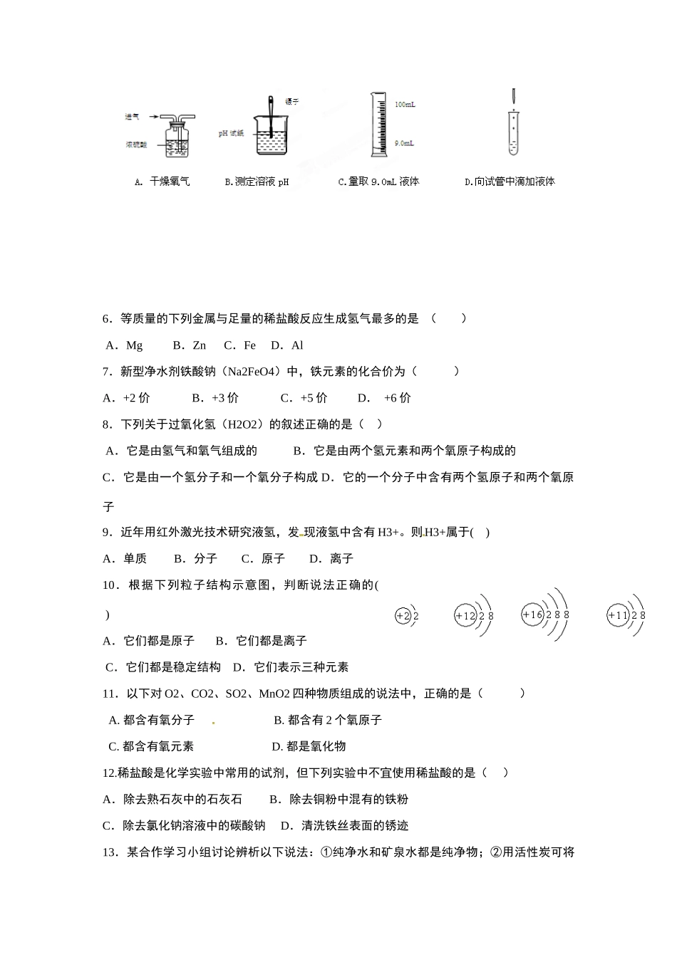 九年级化学下学期第一次诊断性测试试卷试卷_第2页