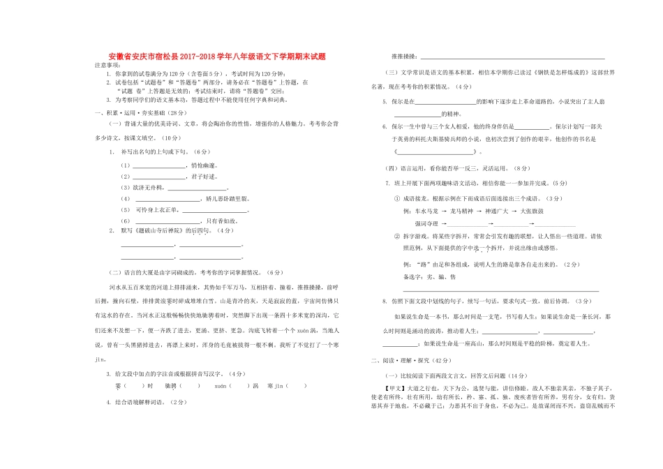 安徽省安庆市宿松县 八年级语文下学期期末试卷 新人教版试卷_第1页