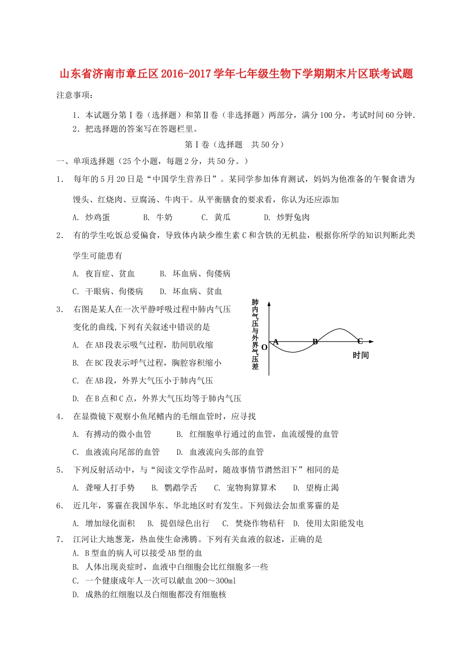 山东省济南市章丘区七年级生物下学期期末片区联考试卷_第1页