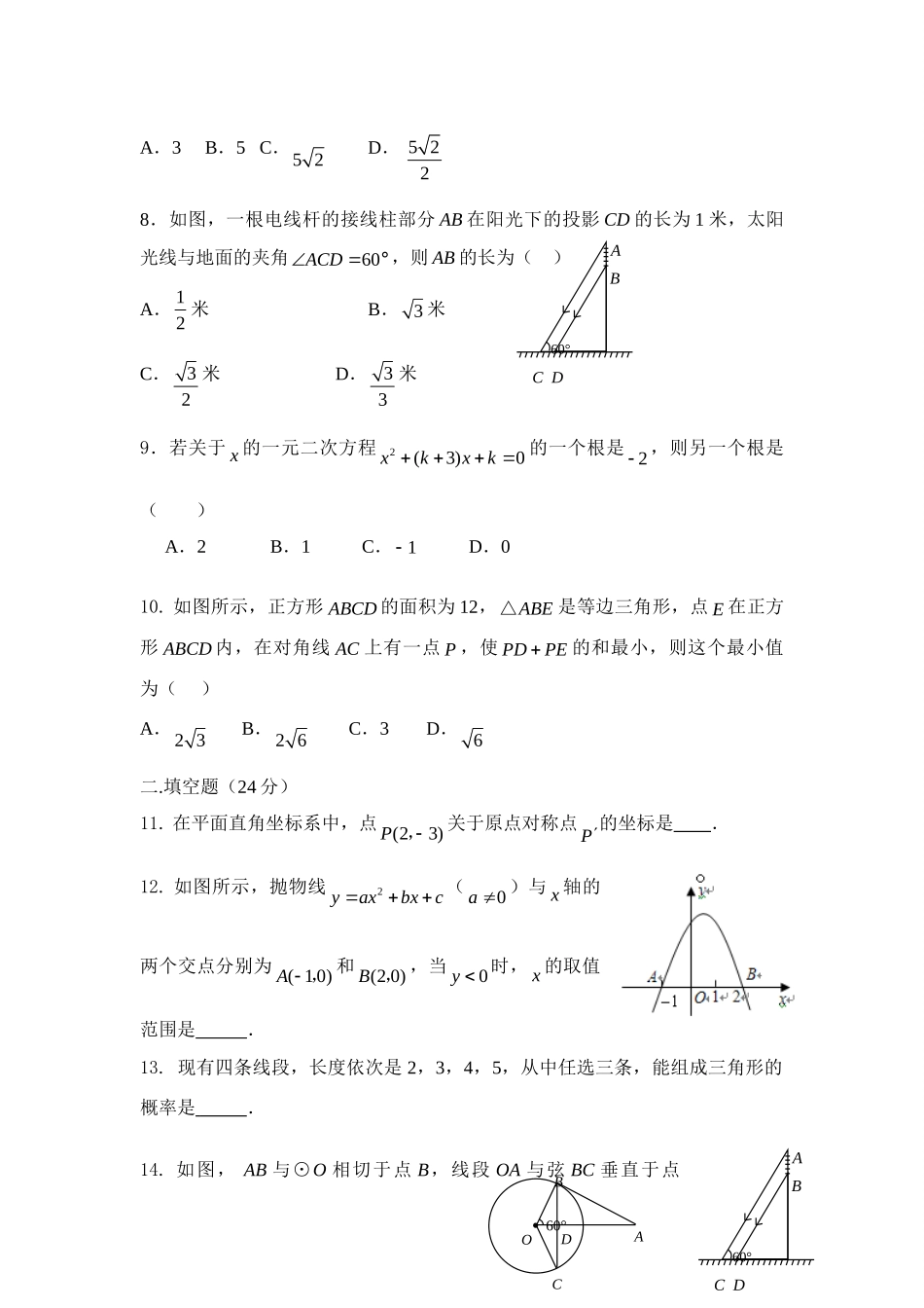 九年级数学中考仿真模拟考试试卷二试卷_第2页