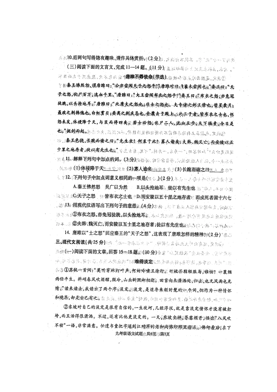 山东省济宁市金乡县九年级语文上学期期末质量检测试卷新人教版试卷_第3页