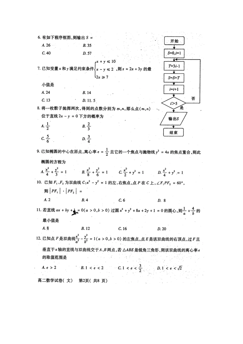 四川省部分名校11-12年高二数学上学期期末考试 文试卷_第2页