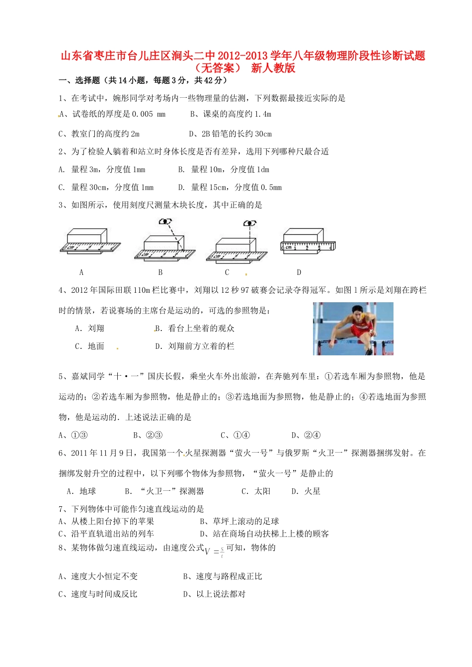 山东省枣庄市台儿庄区涧头二中八年级物理阶段性诊断试卷 新人教版试卷_第1页