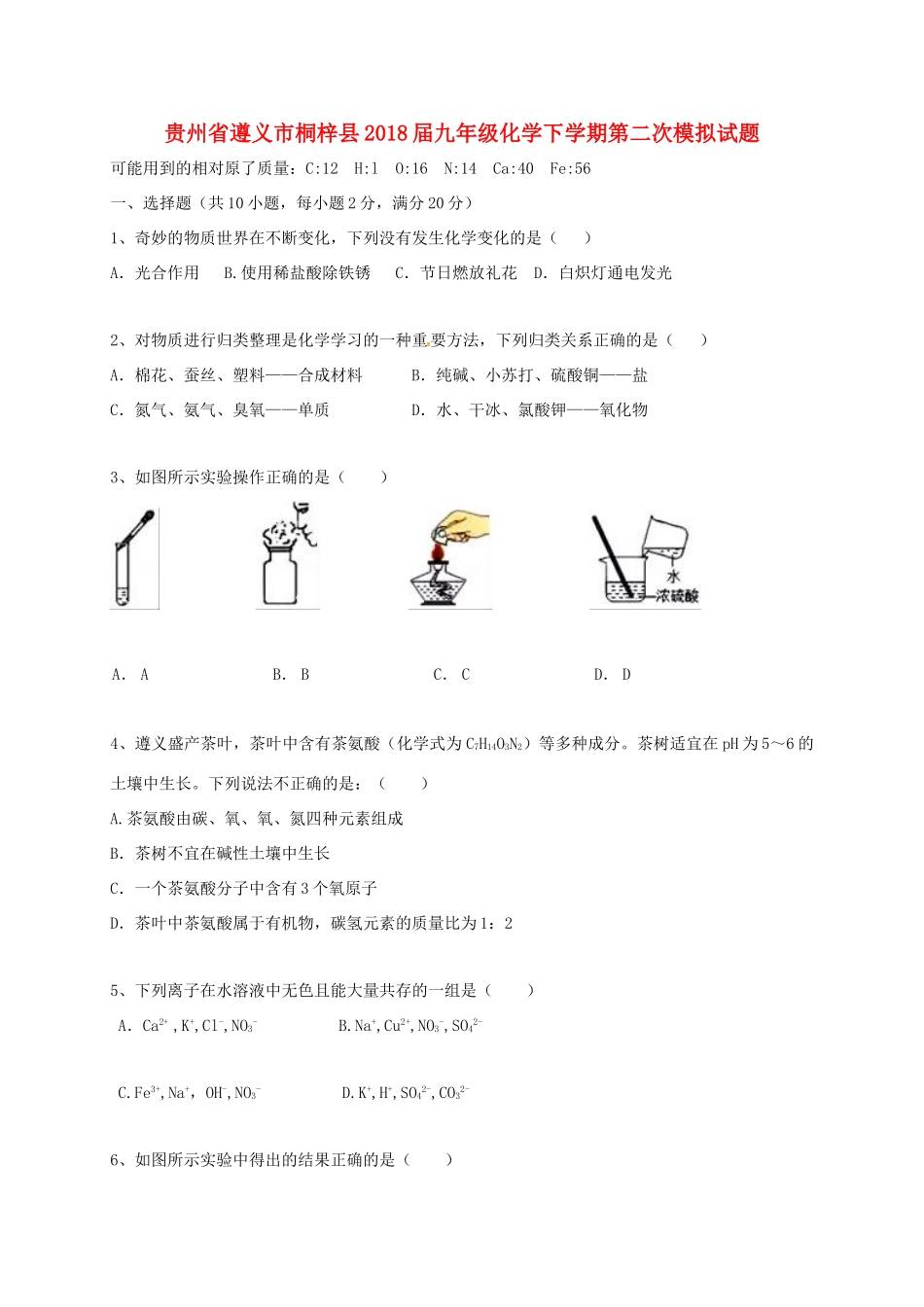 九年级化学下学期第二次模拟试卷 新人教版试卷_第1页