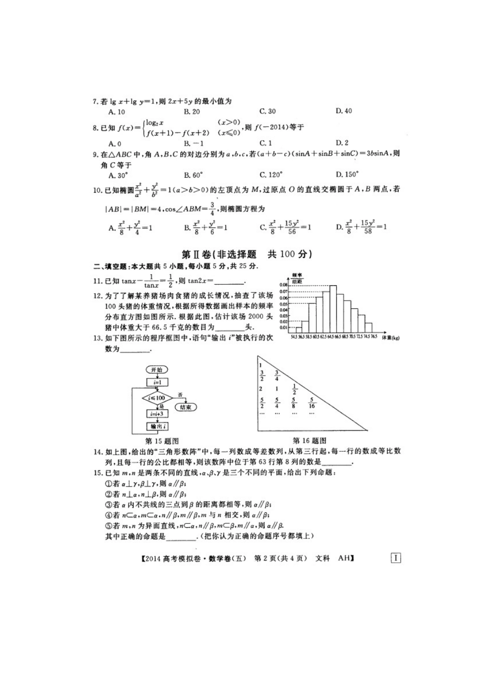 安徽省高考数学模拟信息考试卷(五)文 (扫描版)新人教A版试卷_第2页
