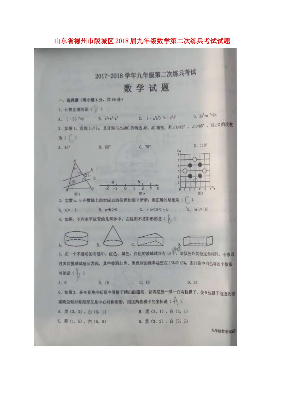 山东省德州市陵城区九年级数学第二次练兵考试试卷试卷_第1页