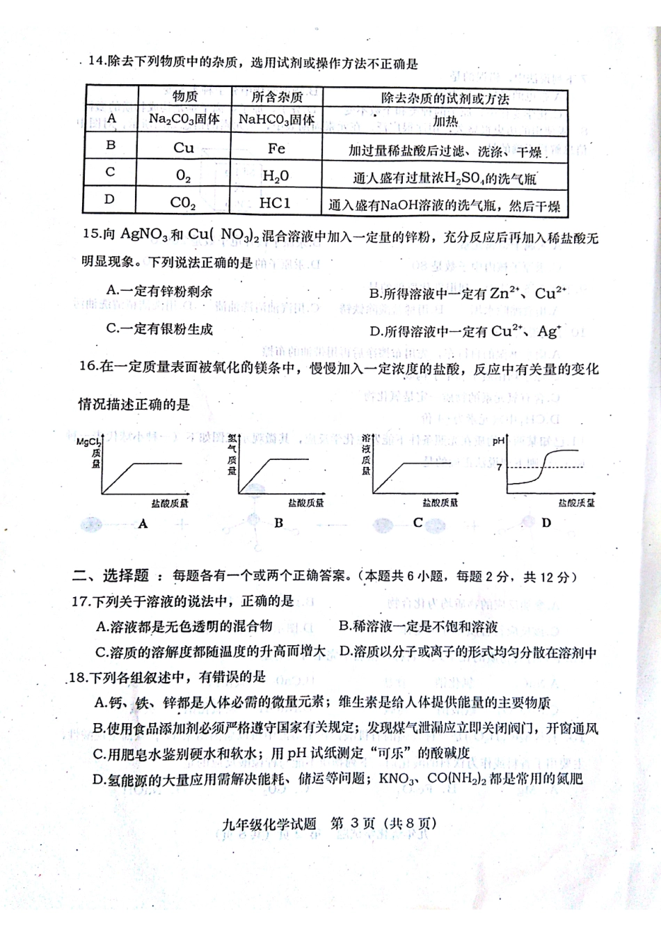 九年级化学下学期第一次模拟考试试卷(pdf)试卷_第3页