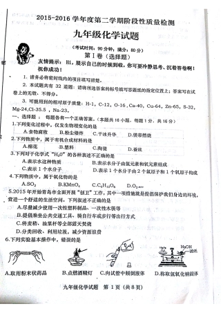九年级化学下学期第一次模拟考试试卷(pdf)试卷