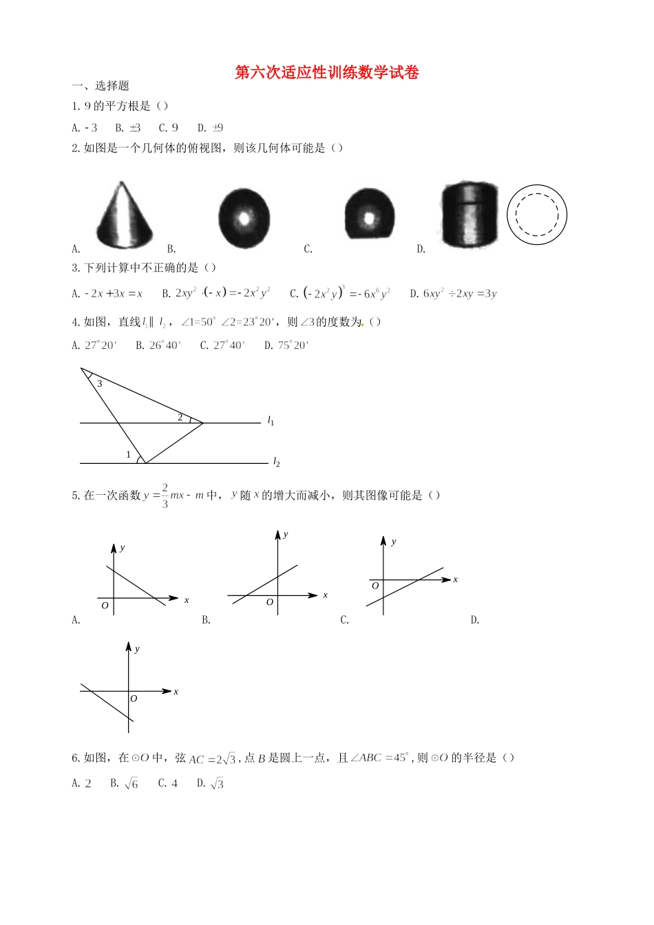 九年级数学第六次适应性训练试卷试卷_第1页