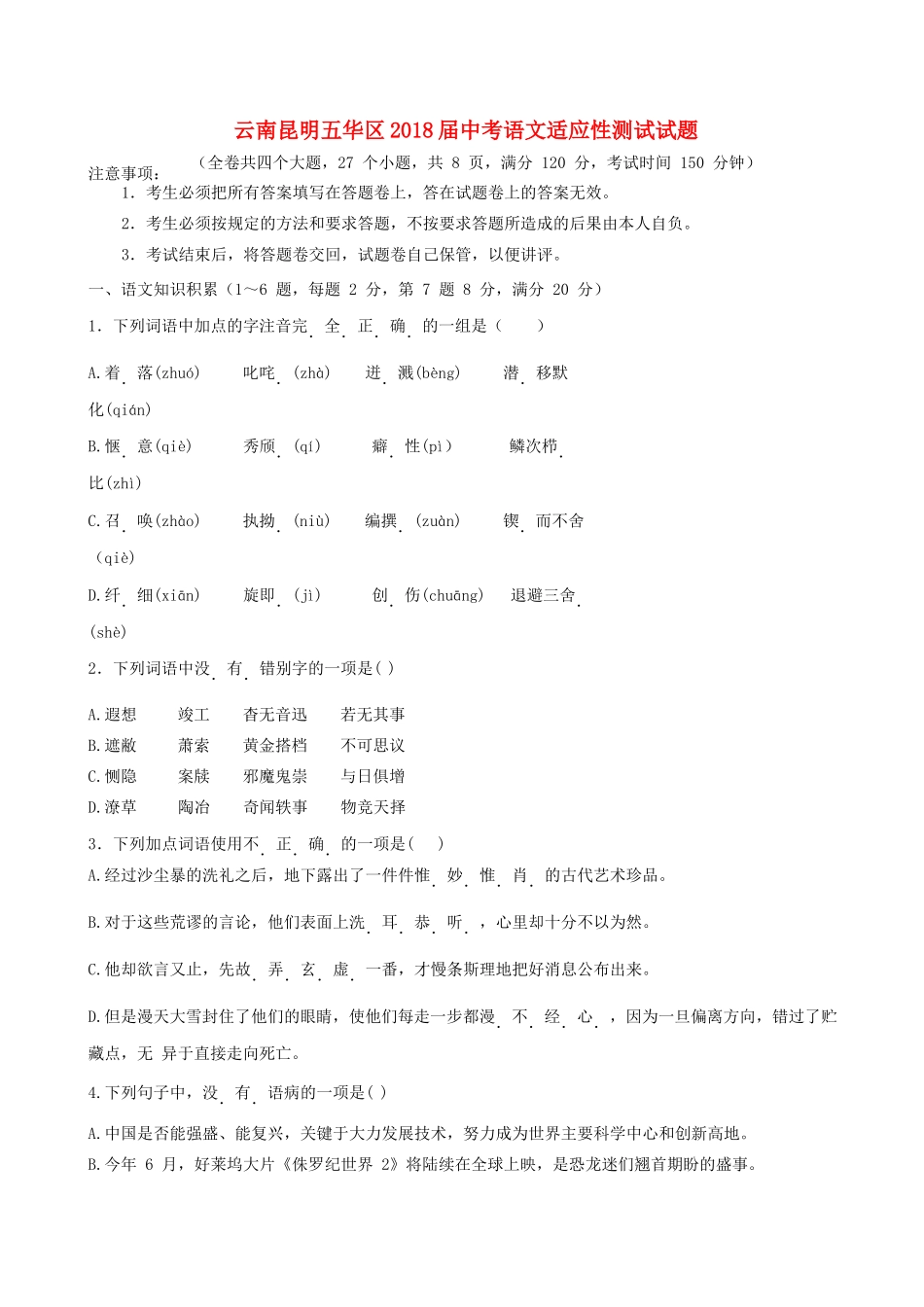 中考语文适应性测试试卷_第1页