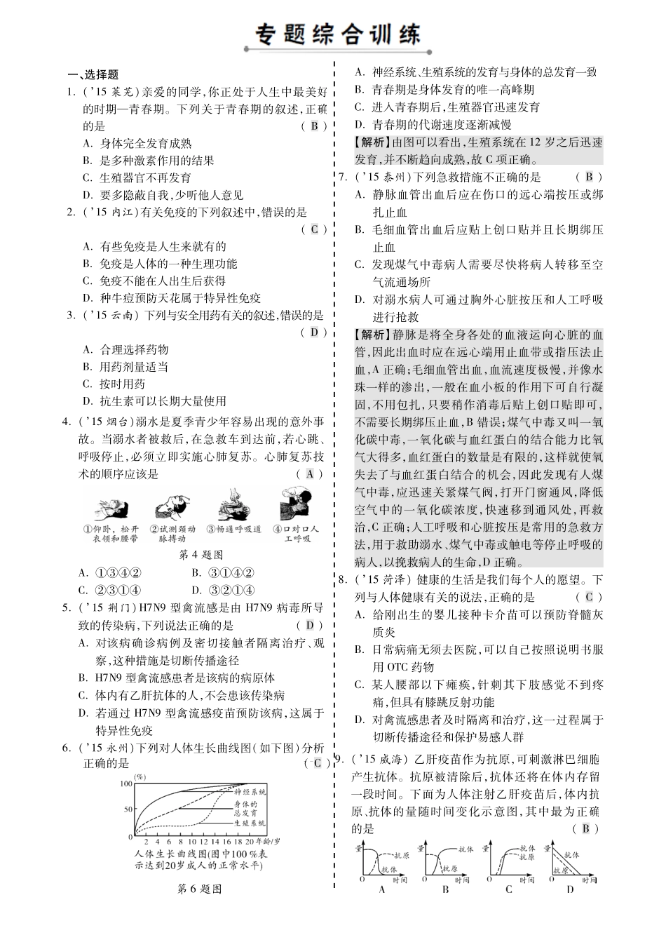 中考生物 第二部分 重点专题突破 专题十 健康地生活复习专题综合训练(pdf，含解析) 新人教版试卷_第1页