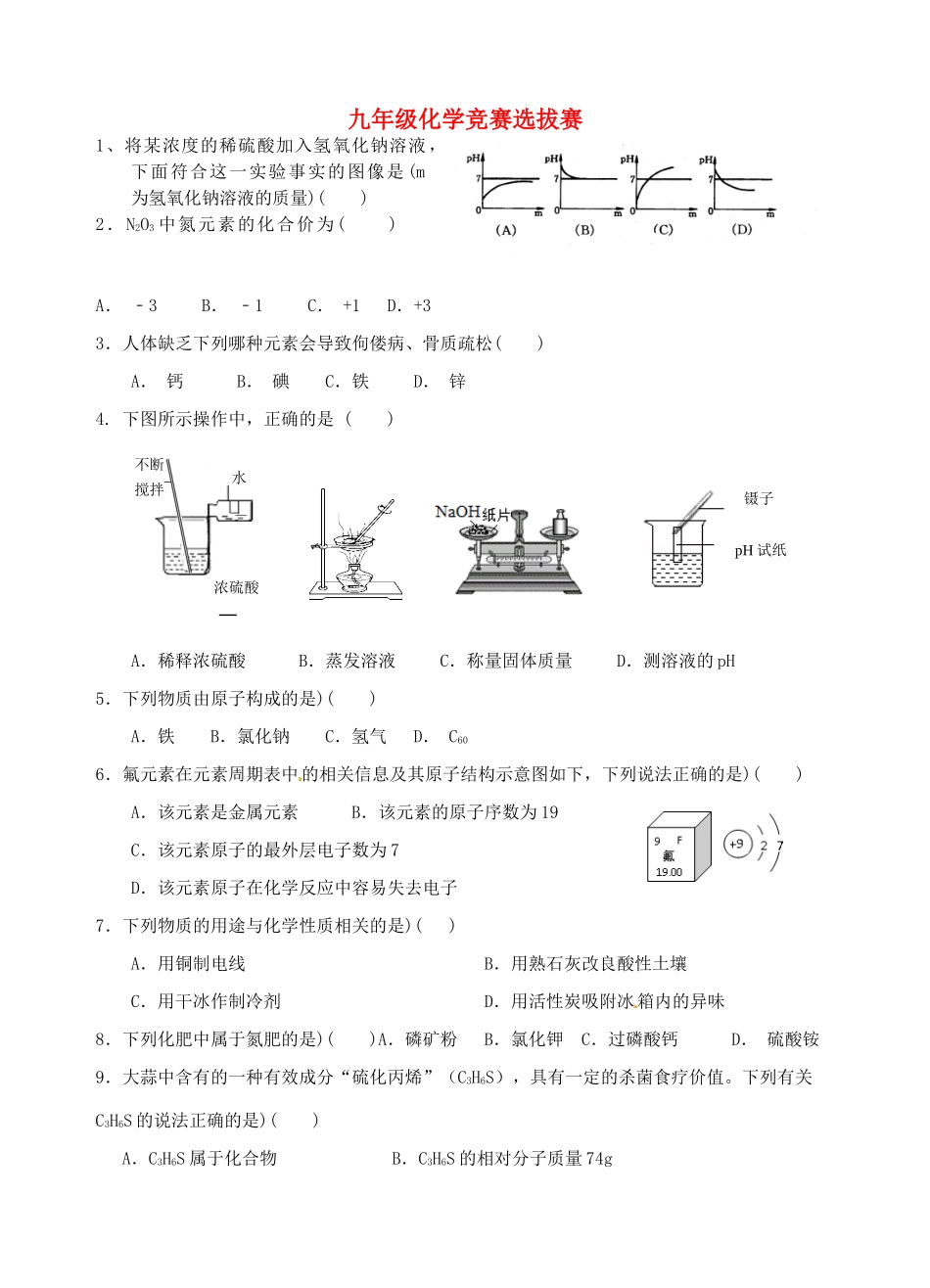 九年级化学下学期竞赛选拔赛试卷 新人教版试卷_第1页
