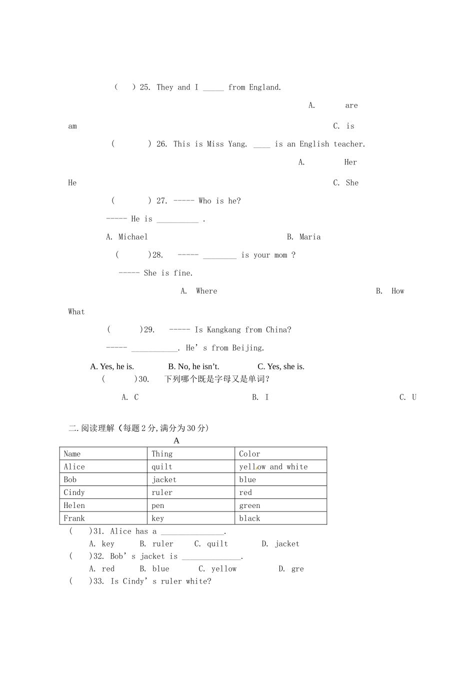 初中七年级英语10月月考试题(无答案) 鲁教版 试题_第3页