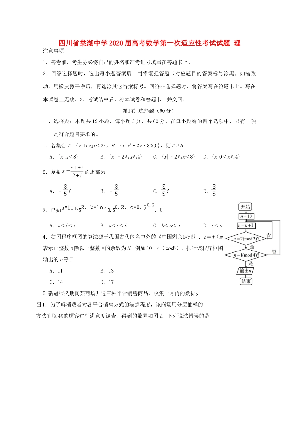 四川省棠湖中学2020届高考数学第一次适应性考试试卷 理_第1页