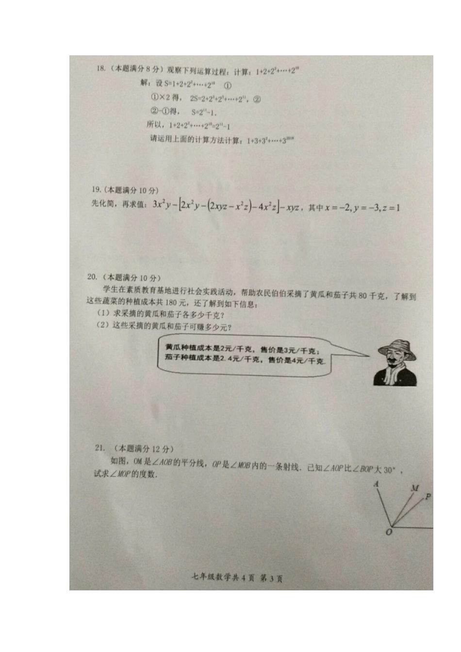 安徽省阜阳市临泉县七年级数学上学期期末考试试卷(扫描版，无答案)试卷_第3页