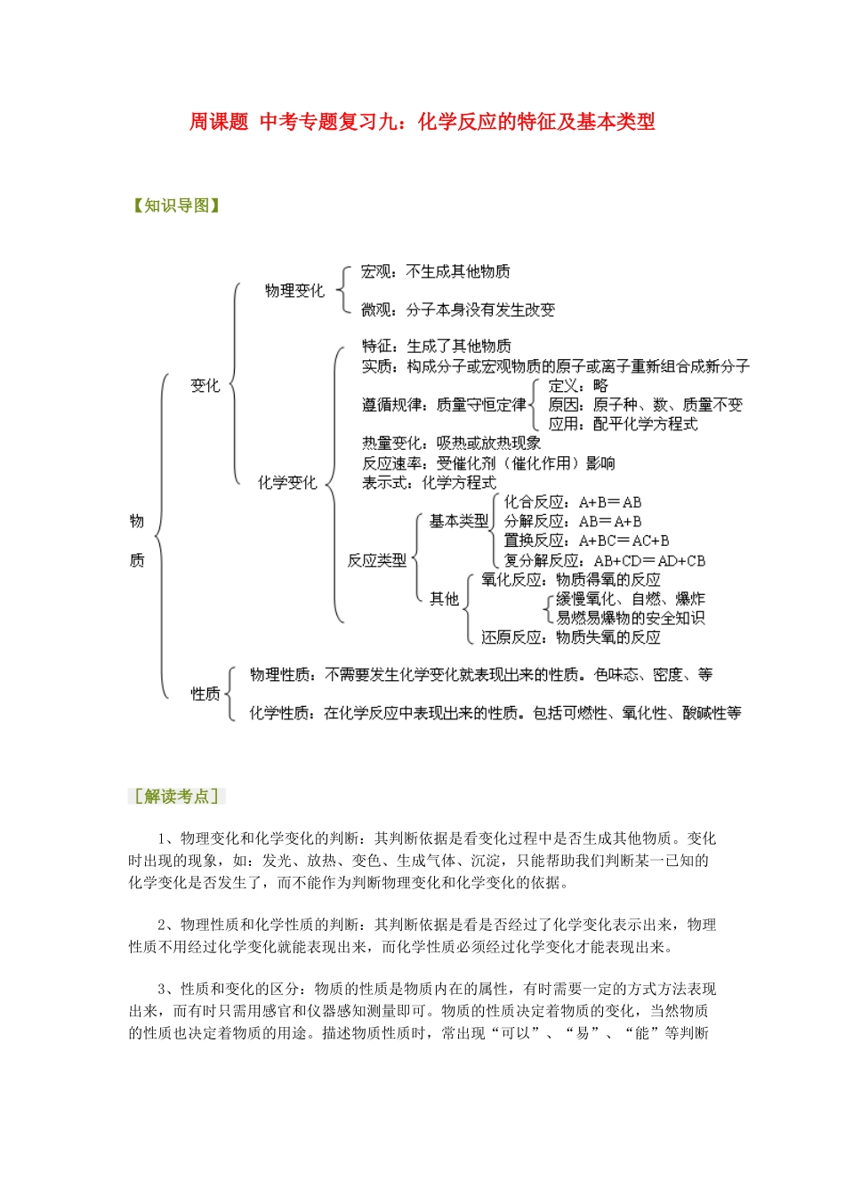 九年级化学周课题 中考专题复习九：化学反应的特征及基本类型试卷_第1页