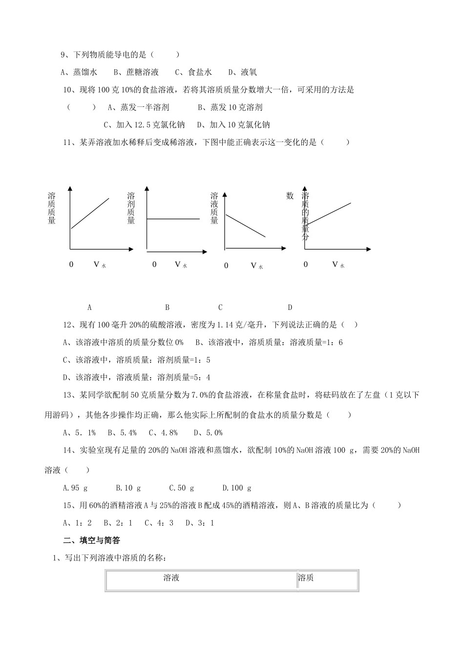 九年级化学下册(第九章 溶液)单元综合测试6 新人教版试卷_第2页