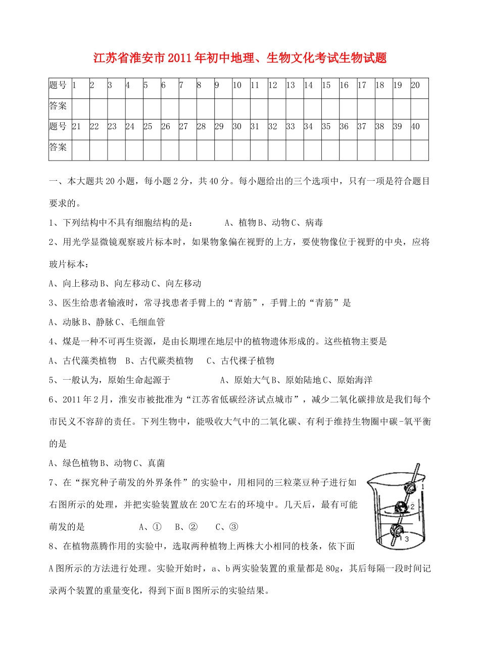 初中地理、生物文化统一考试试卷(生物部分)(无答案) 苏科版 试题_第1页
