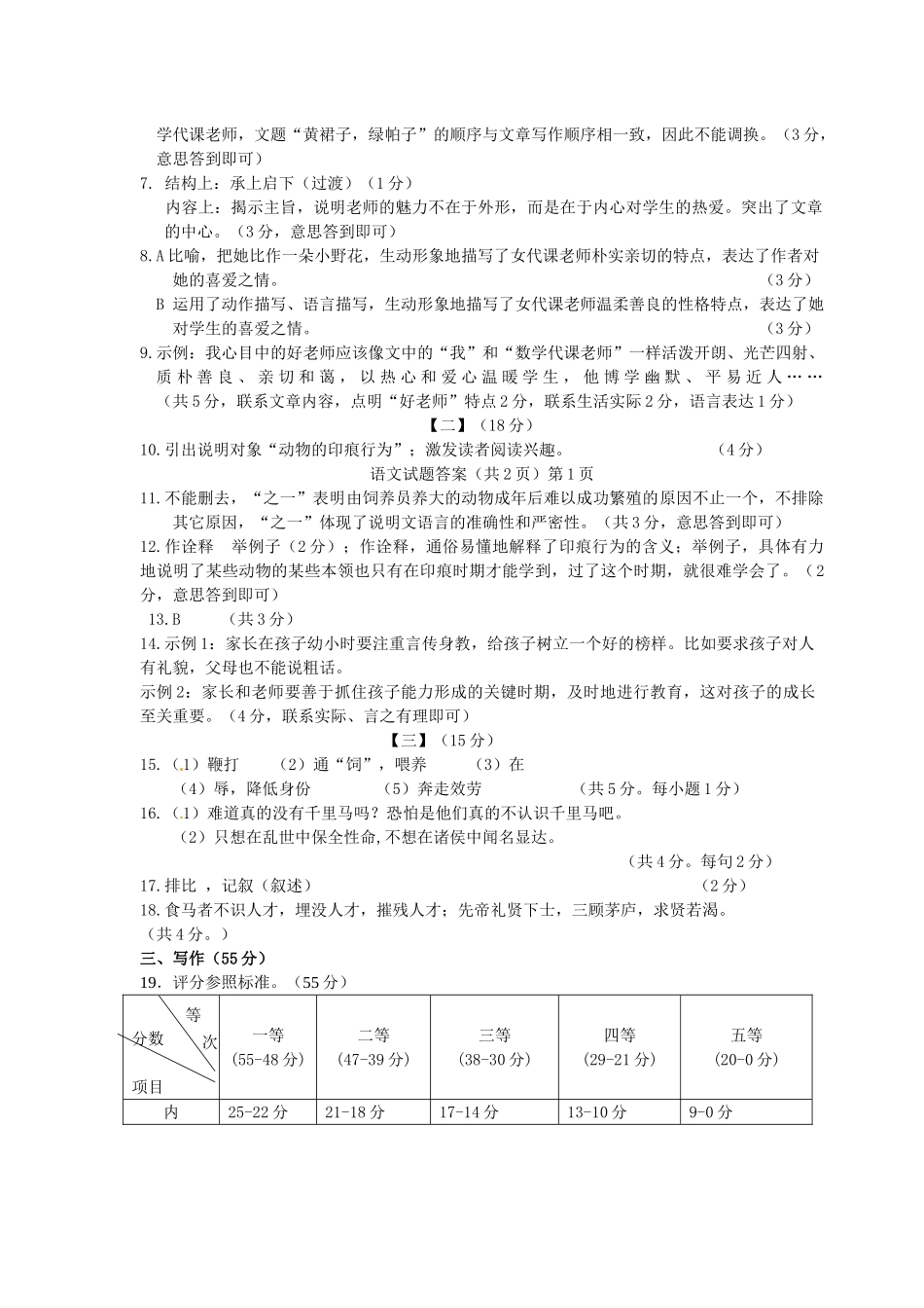 中考语文第一次模拟试卷答案 安徽省安庆市中考语文第一次模拟试卷(扫描版)_第2页