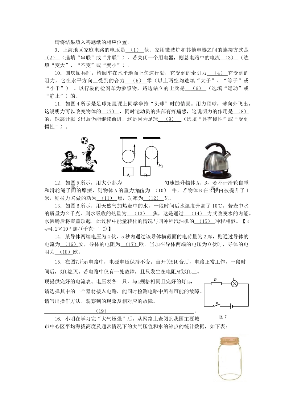 九年级物理上学期期终学业质量调研测试试卷(一模)试卷_第2页