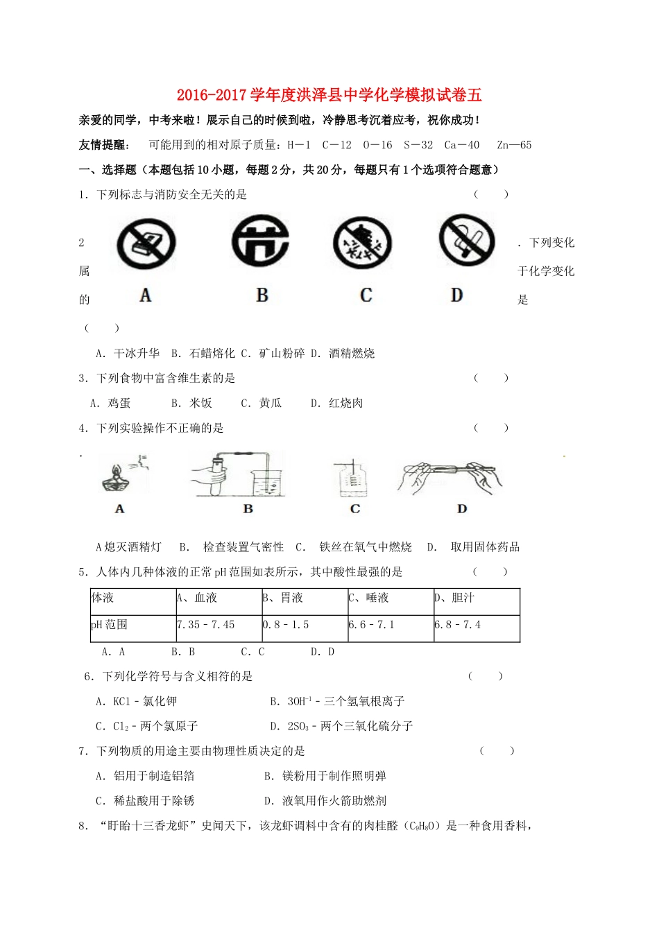 九年级化学下学期统考模拟试卷五试卷_第1页