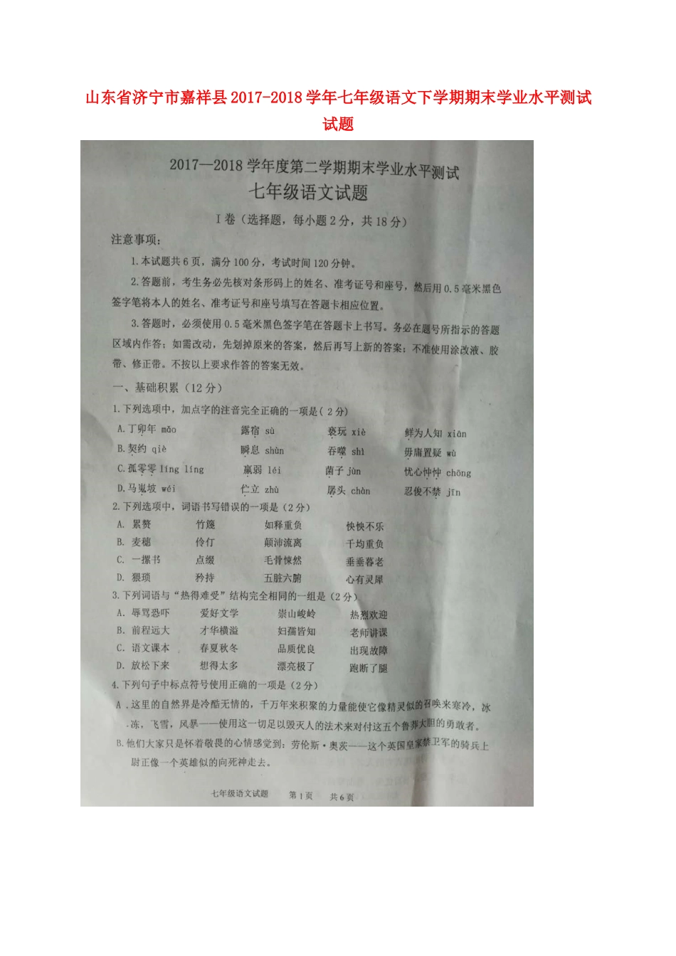 山东省济宁市嘉祥县七年级语文下学期期末学业水平测试试卷新人教版试卷_第1页