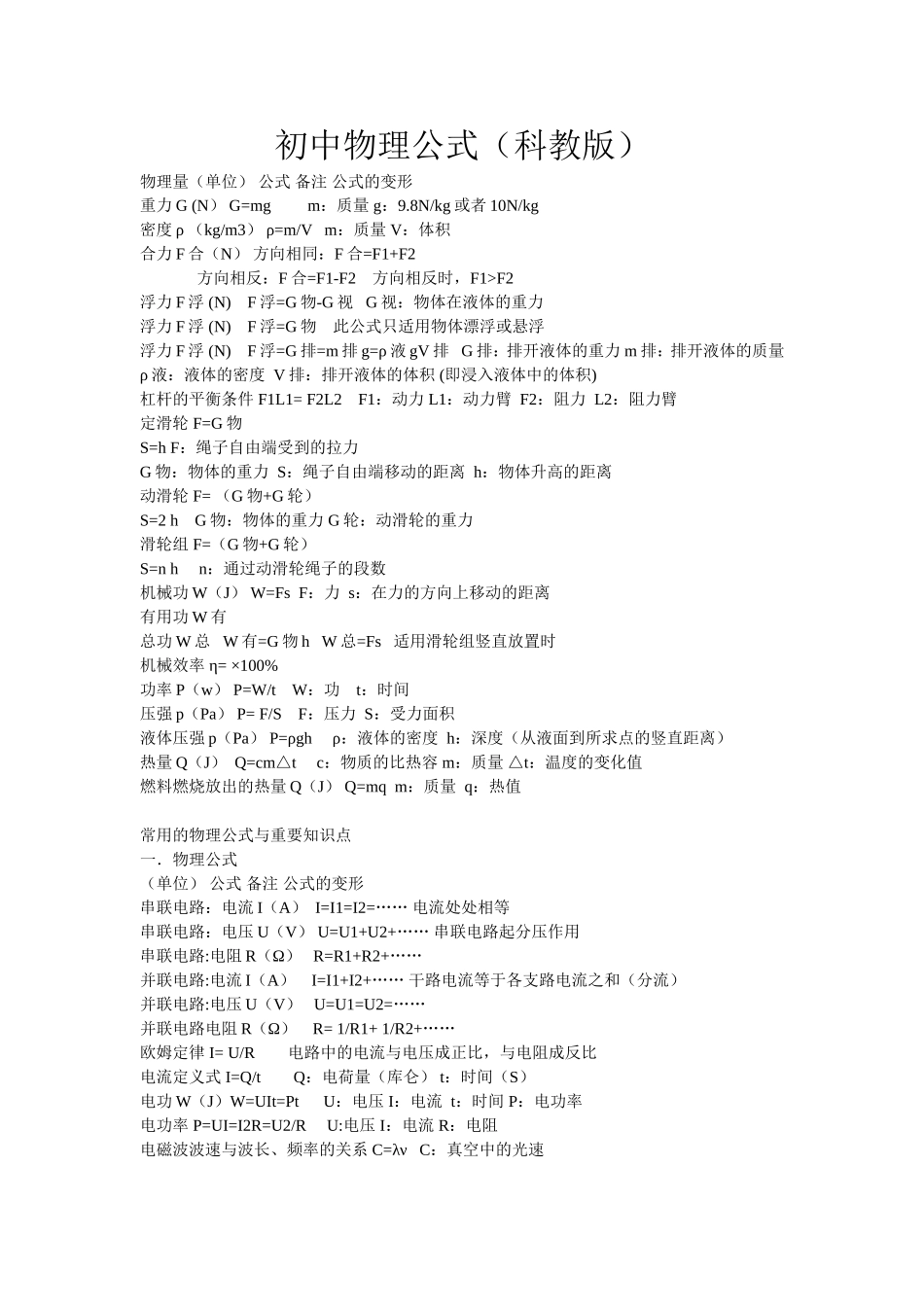 初中物理公式大全(科教版)_第1页