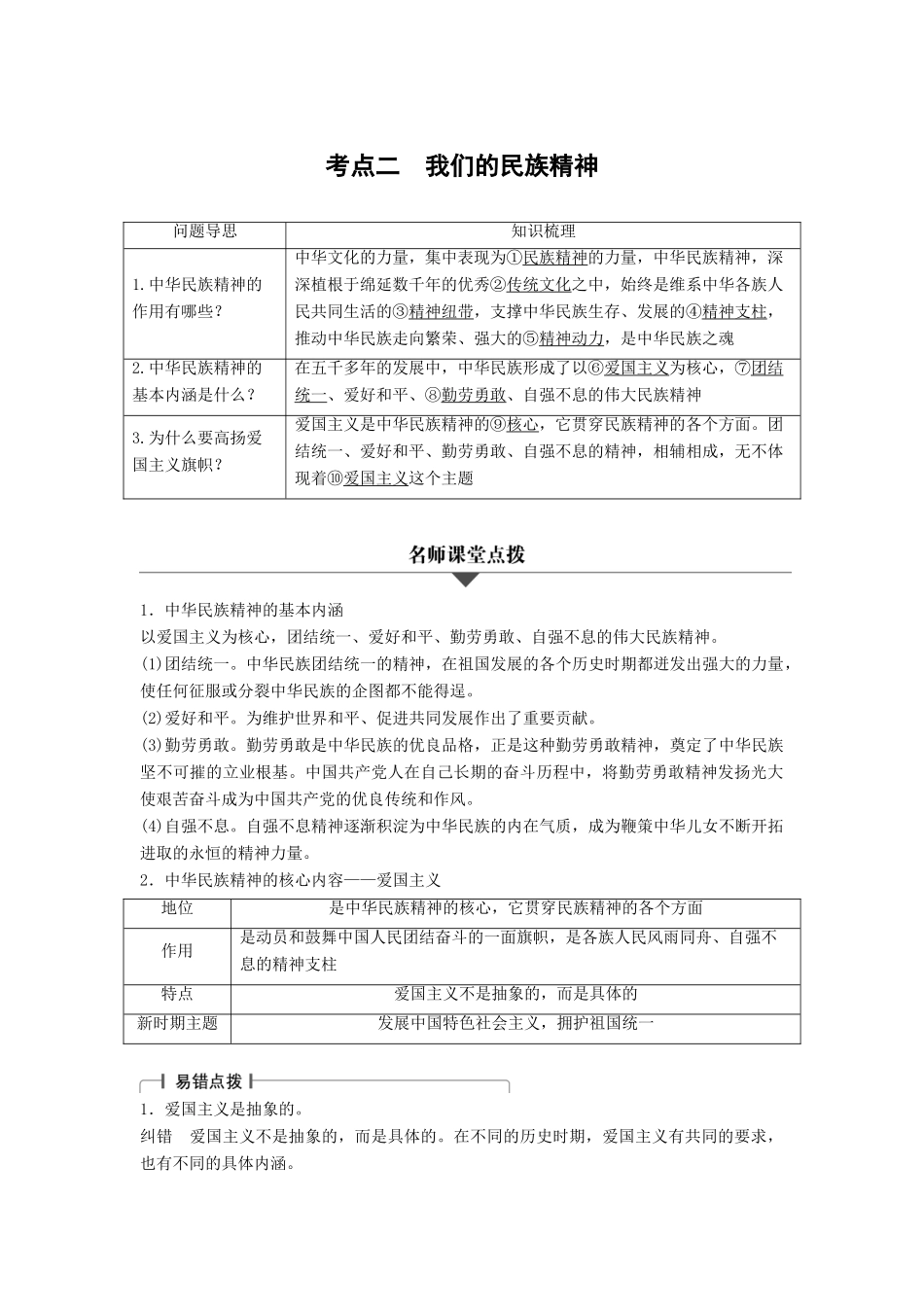 （浙江专用）高考政治二轮复习 专题十一 中华文化与民族精神 考点二 我们的民族精神试题-人教版高三全册政治试题_第1页