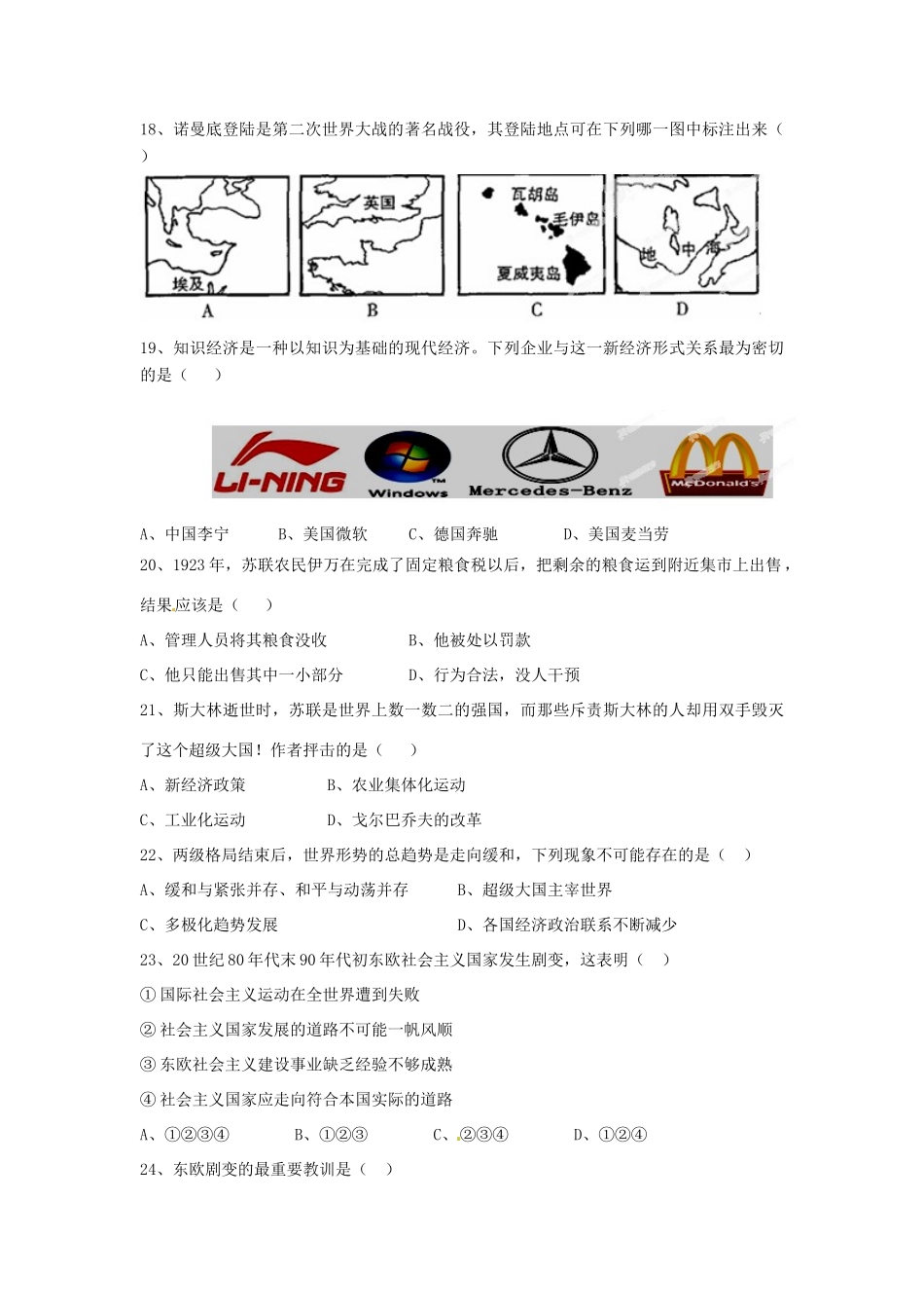 九年级历史下学期第一次月考试卷新人教版试卷_第3页