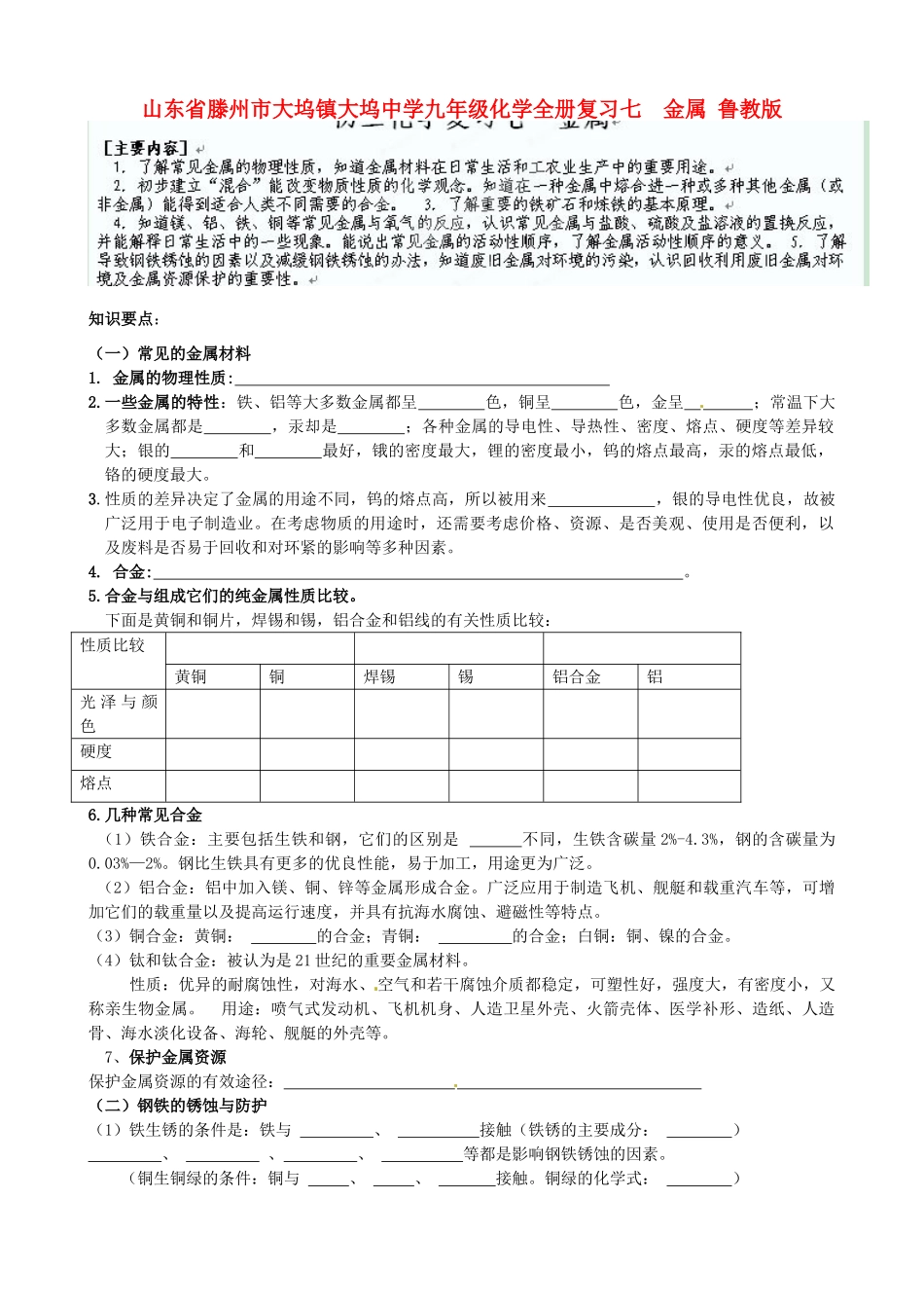 九年级化学全册复习七  金属 鲁教版试卷_第1页