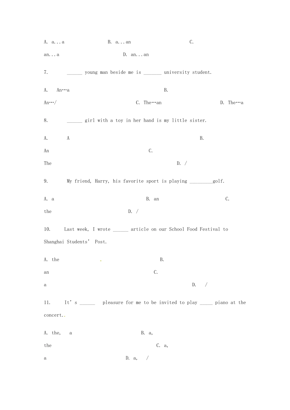 山东省泰安山口二中中考英语 复习冲刺训练—冠词试卷_第3页