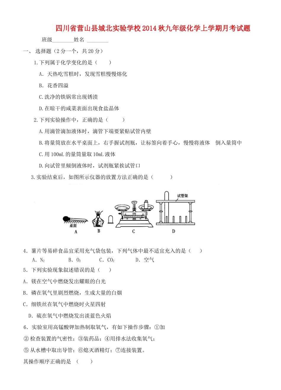 九年级化学上学期月考试卷 新人教版试卷_第1页