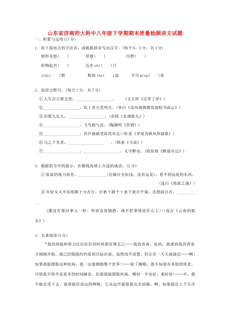 山东省济南师大附中八年级语文下学期期末质量检测试卷试卷_第1页