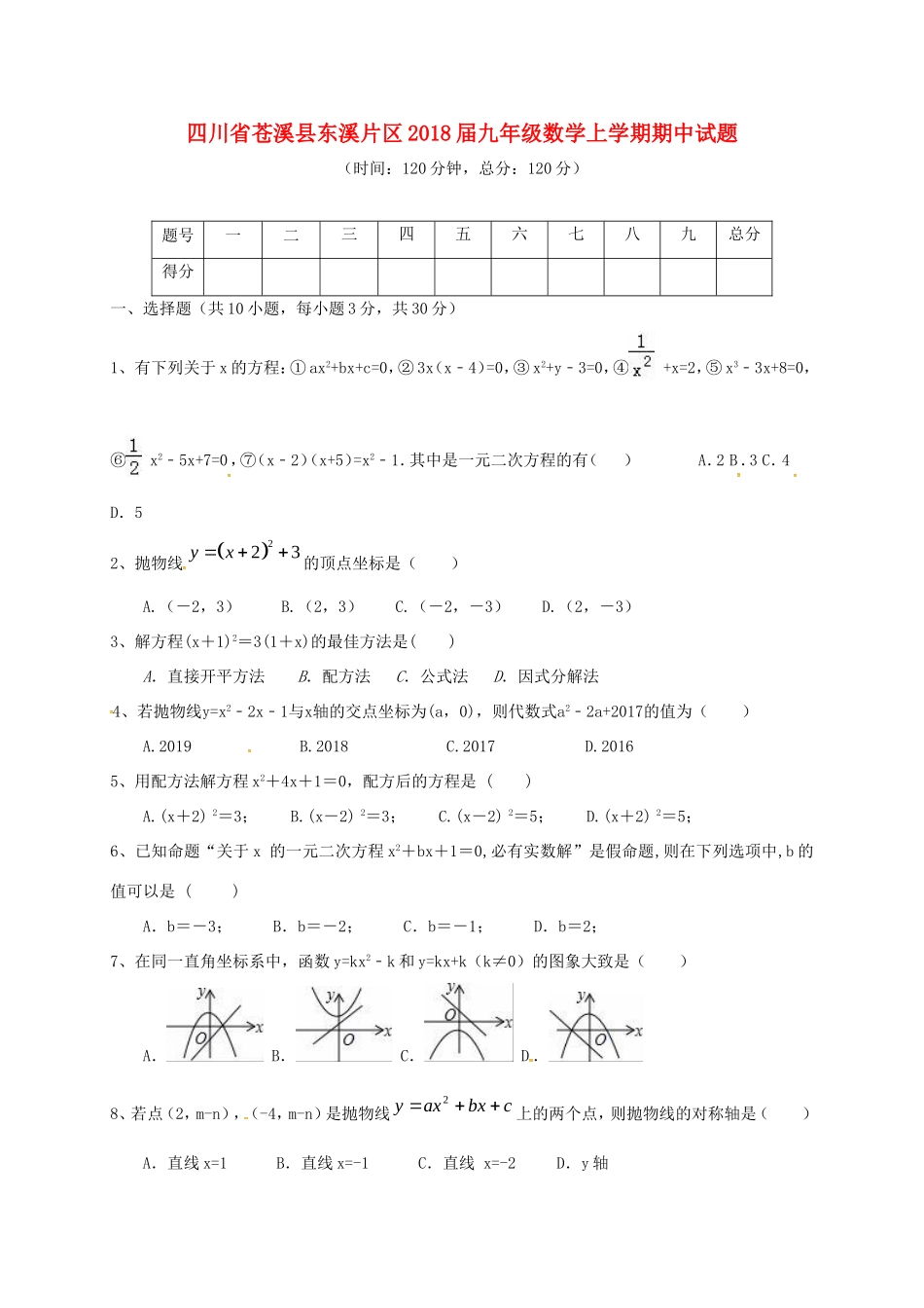 四川省苍溪县东溪片区届九年级数学上学期期中试卷 新人教版试卷_第1页