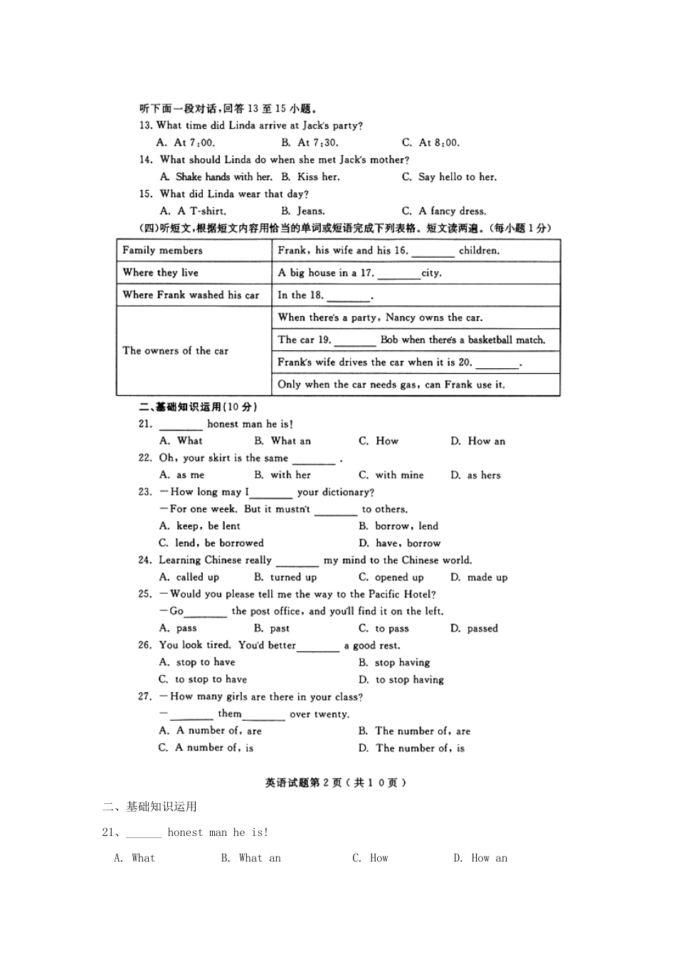 山东省烟台市中考英语真题试卷(含答案)试卷_第2页