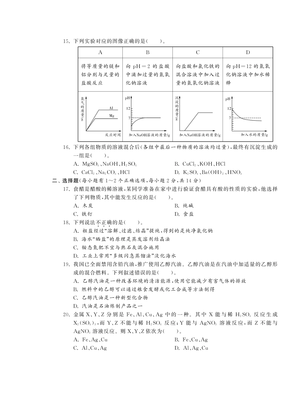 九年级化学全册 专题整合复习卷(二)(pdf) (新版)鲁教版试卷_第3页