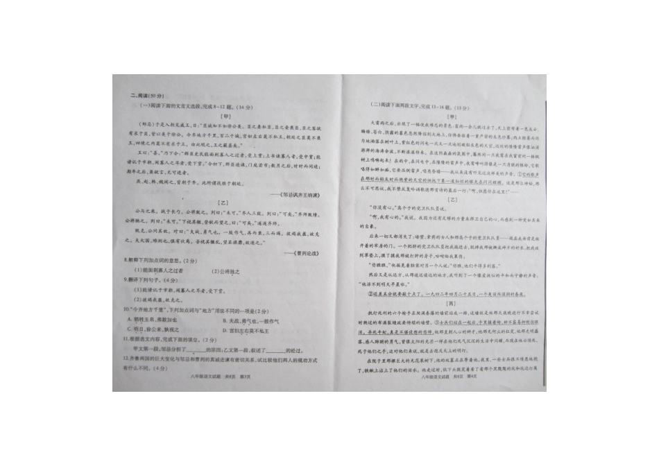 山东省枣庄市山亭区 八年级语文下学期期末考试试卷新人教版试卷_第2页