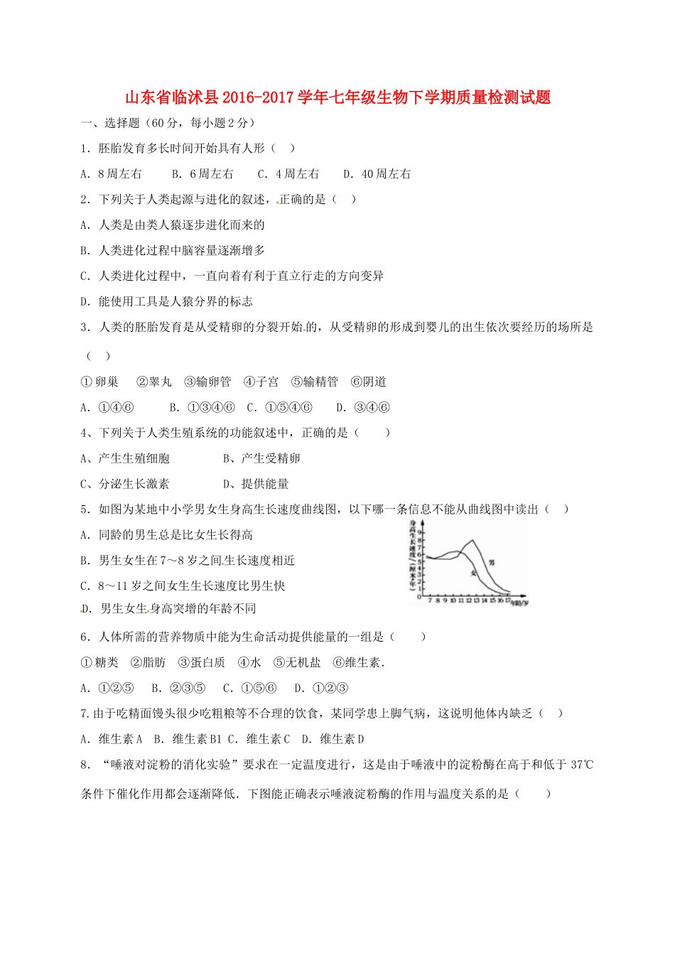 山东省临沭县七年级生物下学期质量检测试卷(答案不全) 北师大版试卷_第1页
