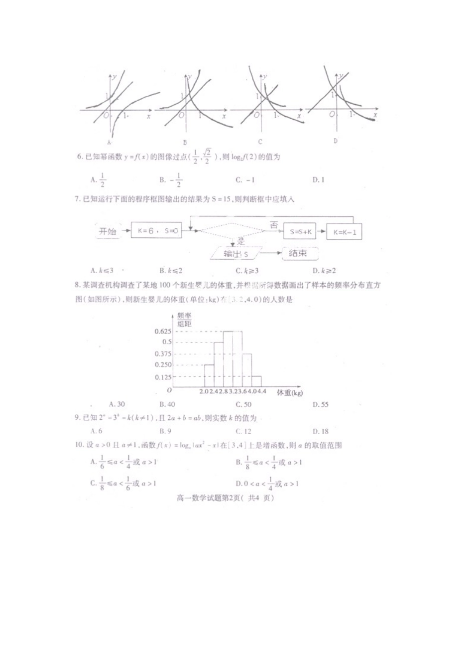 四川省雅安市高一数学上学期期末考试试卷(00001)_第2页