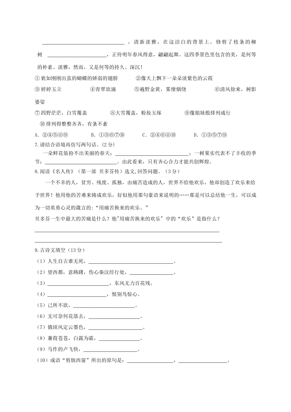 中考语文模拟试卷(九)试卷_第2页