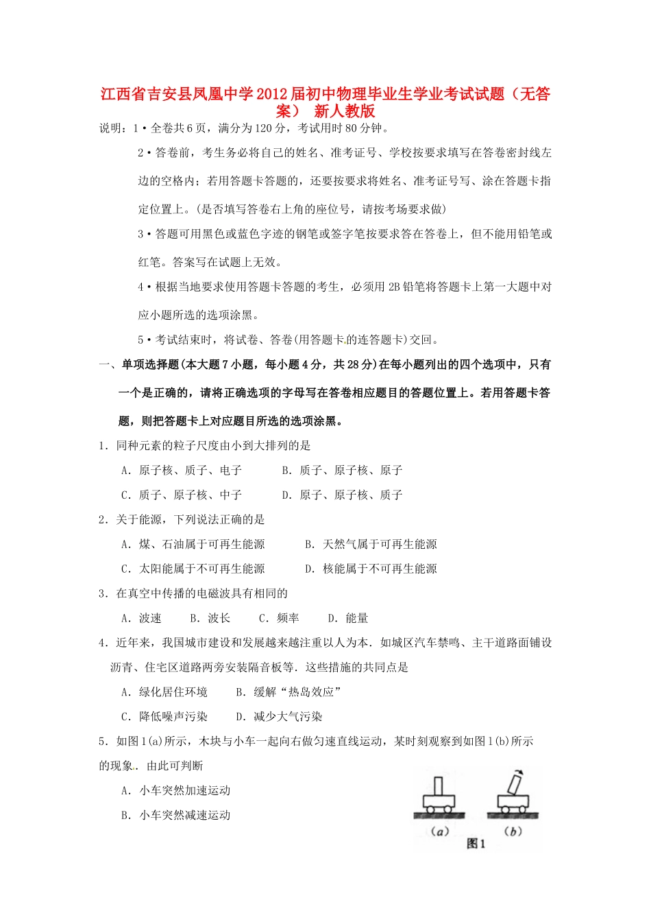 初中物理毕业生学业考试试题(无答案) 新人教版 试题_第1页