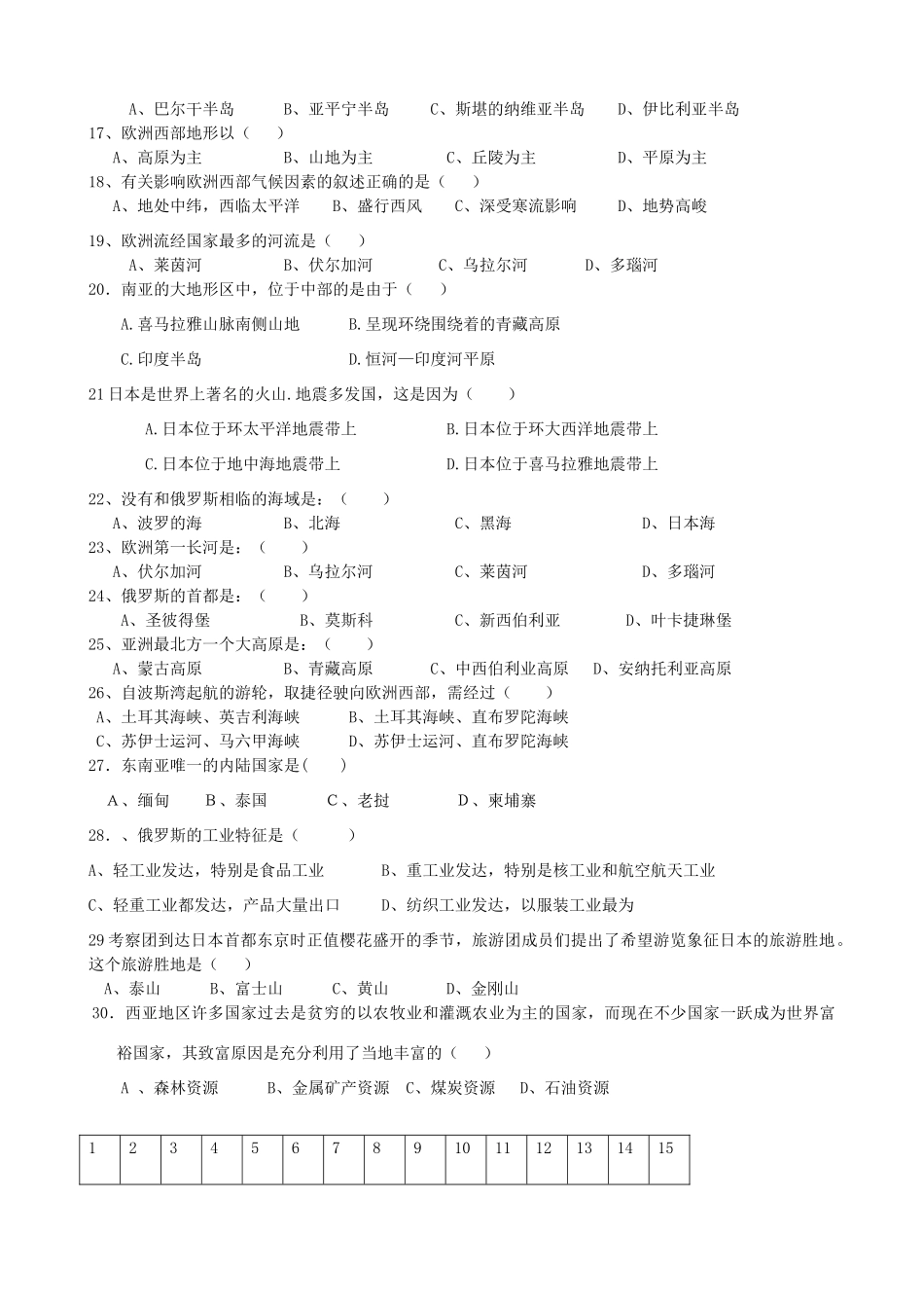 四川省自贡市牛佛片区七年级地理下学期期中试卷 中图版试卷_第2页