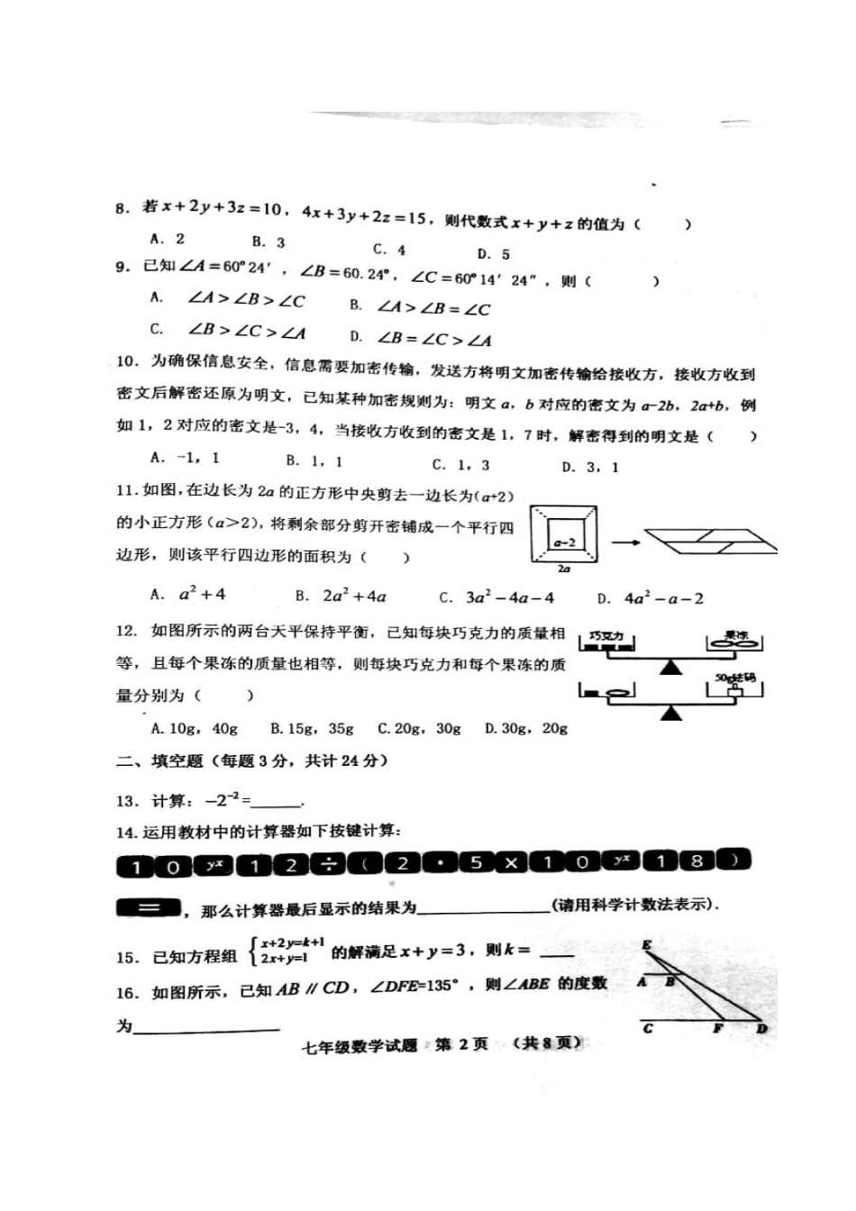山东省寿光市七年级数学下学期期中自主检测试卷华东师大版试卷_第2页