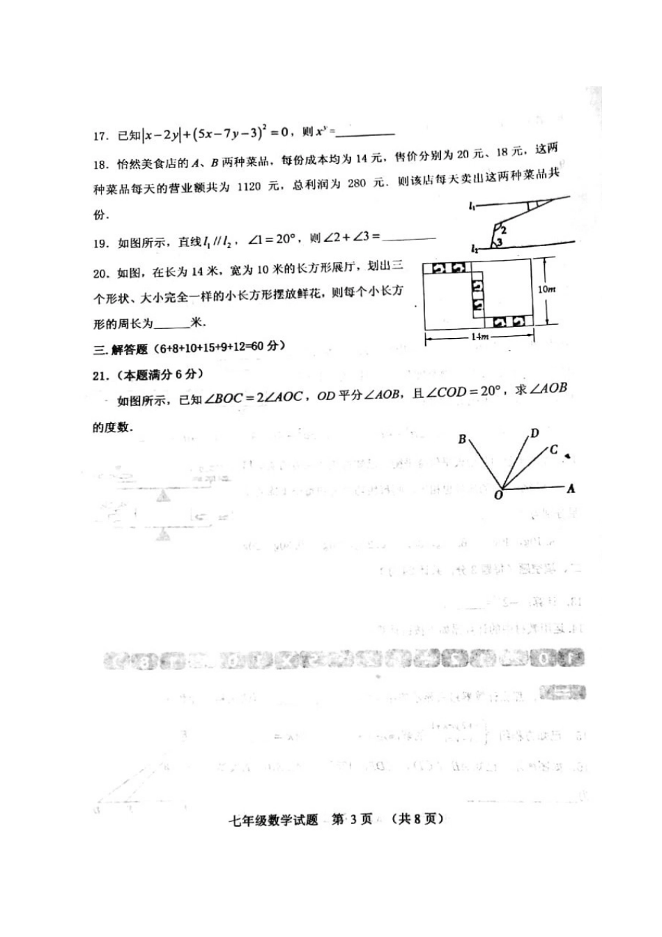 山东省寿光市七年级数学下学期期中自主检测试卷华东师大版试卷_第3页
