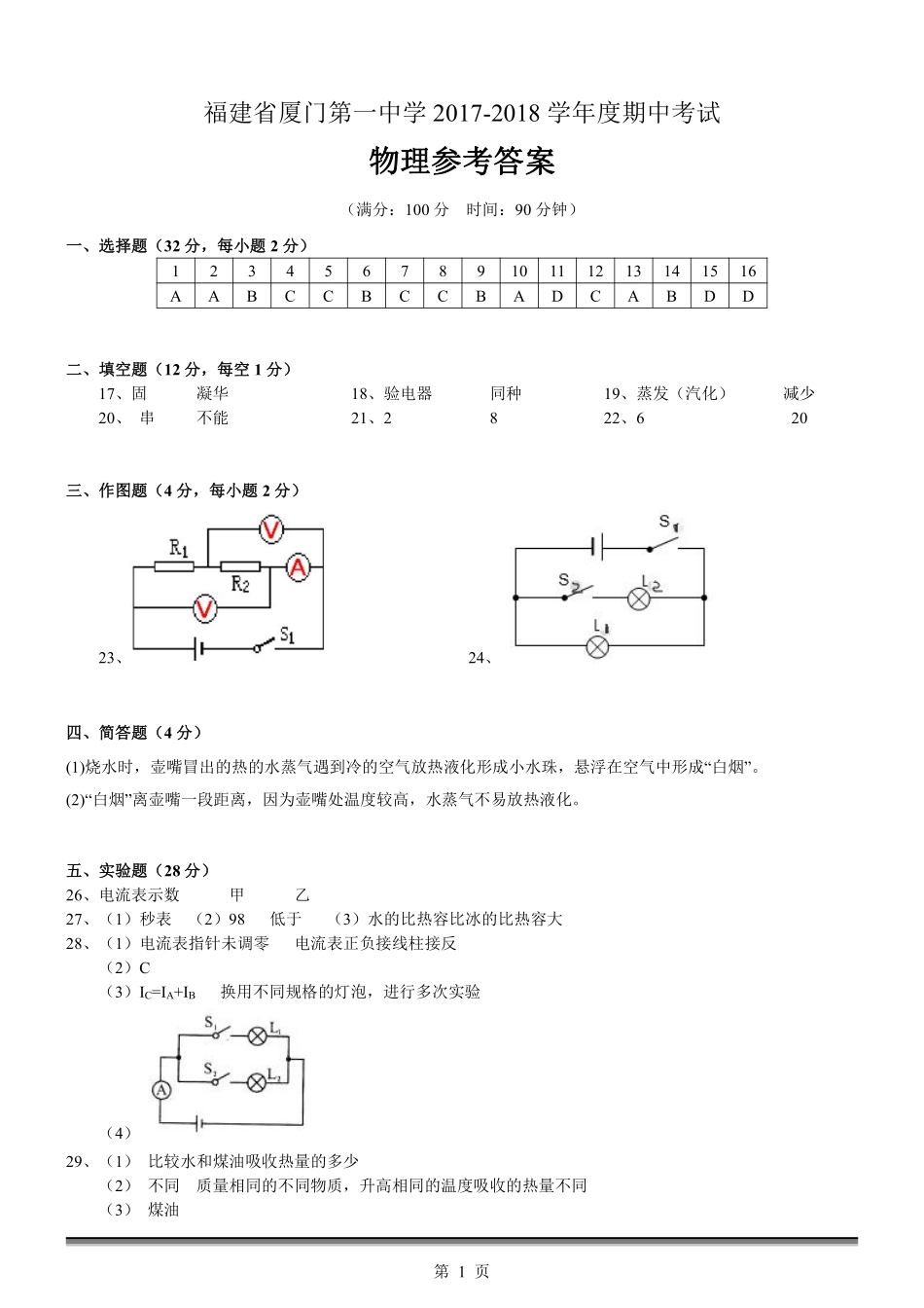 九年级物理上学期期中试卷答案(pdf) 沪科版 福建省厦门市九年级物理上学期期中试卷(pdf) 沪科版_第1页