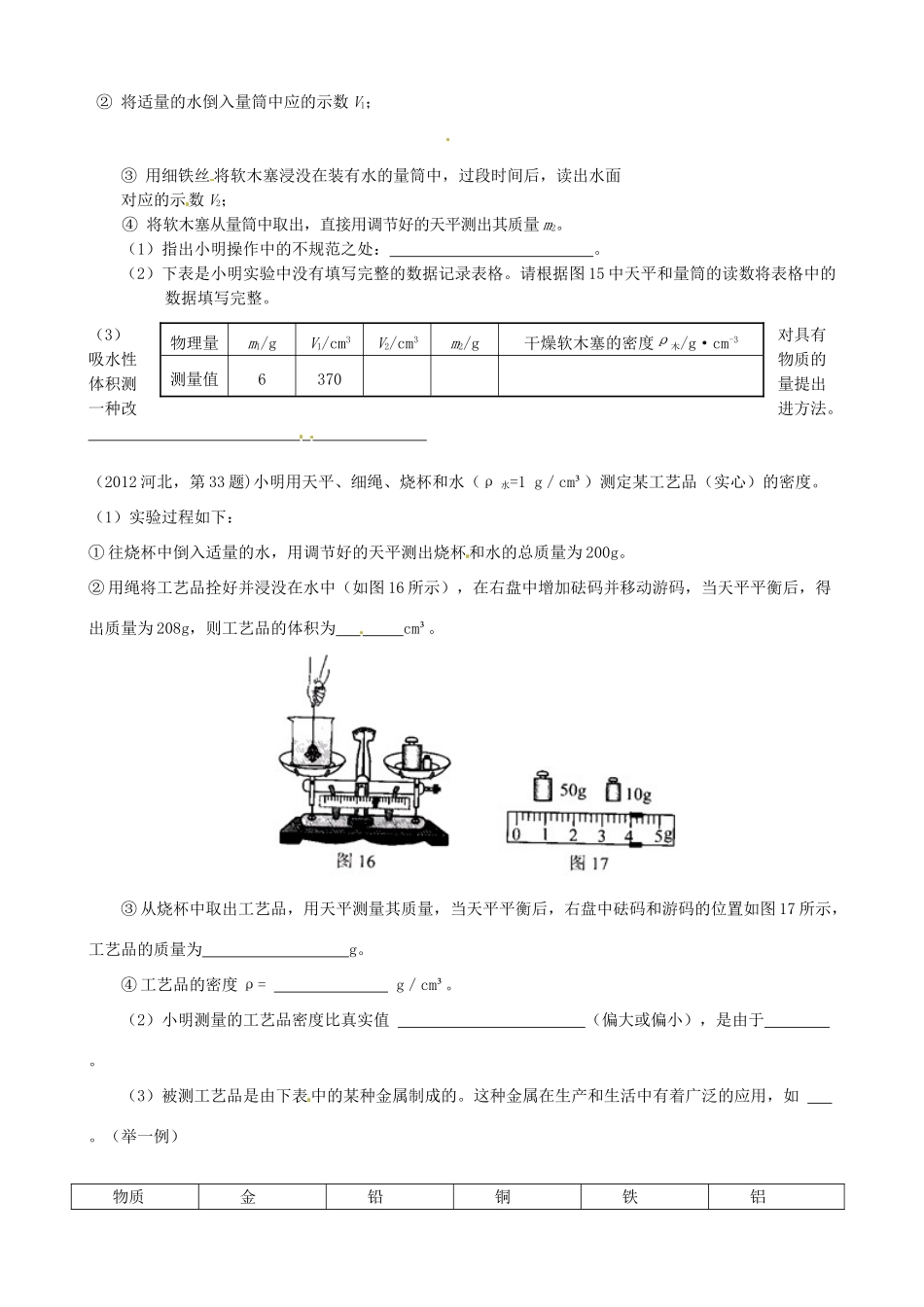 中考物理专题复习 密度的测量试卷_第2页