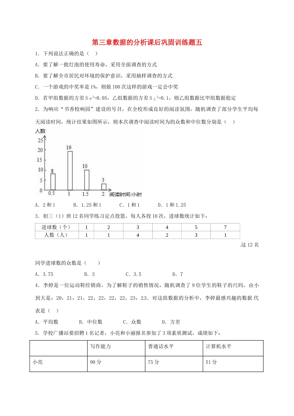 山东省龙口市兰高镇八年级数学上册 第三章 数据的分析课后巩固训练五 鲁教版五四制试卷_第1页