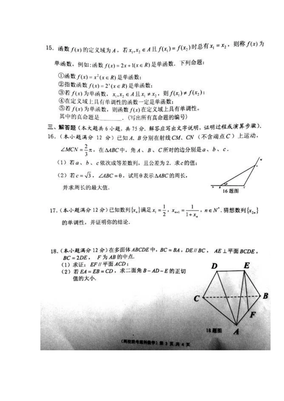 安徽省马鞍山二中、安师大附中高三数学上学期统一考试试卷 理(扫描版，答案不全)试卷_第3页
