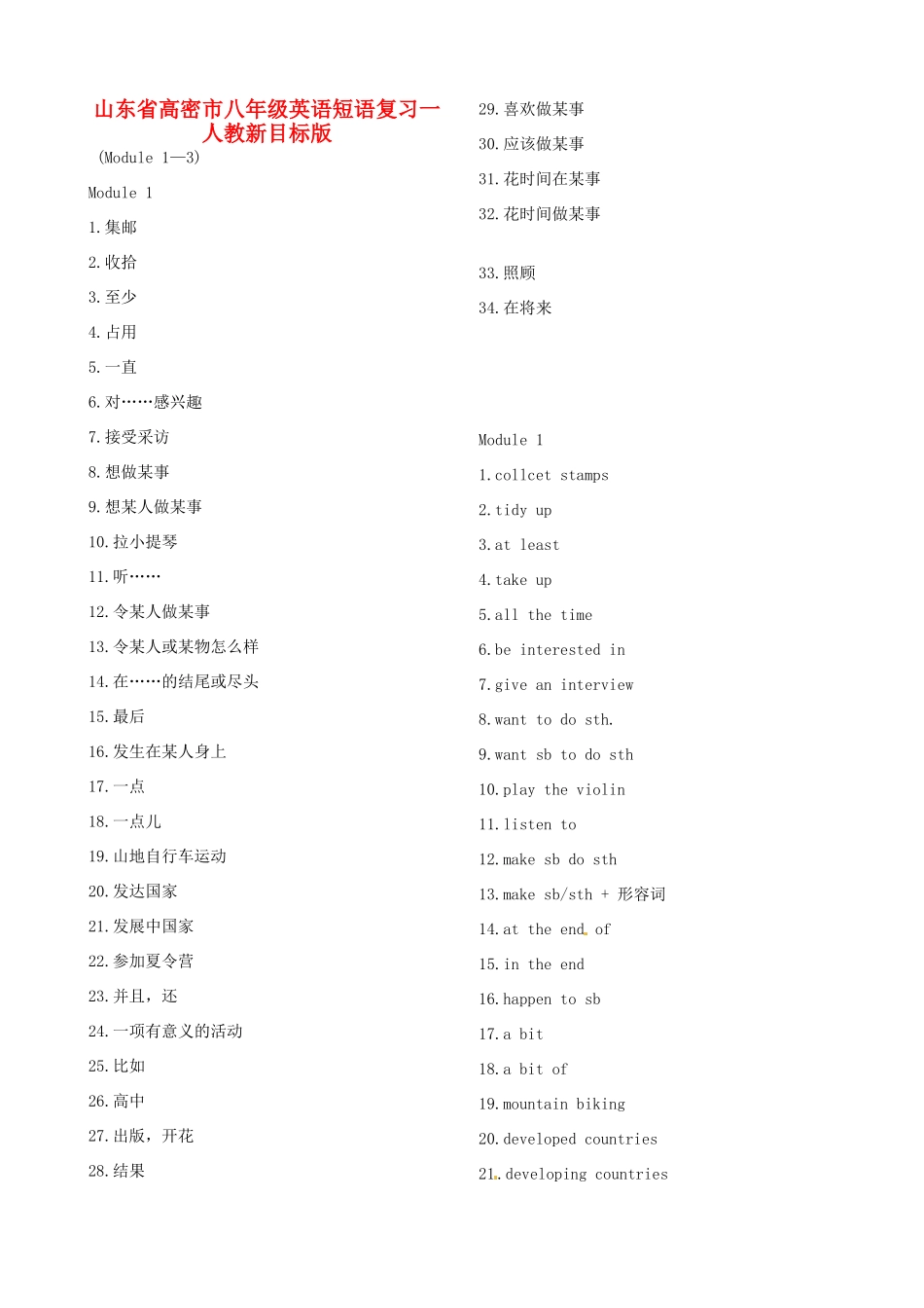 山东省高密市八年级英语短语复习一 人教新目标版试卷_第1页