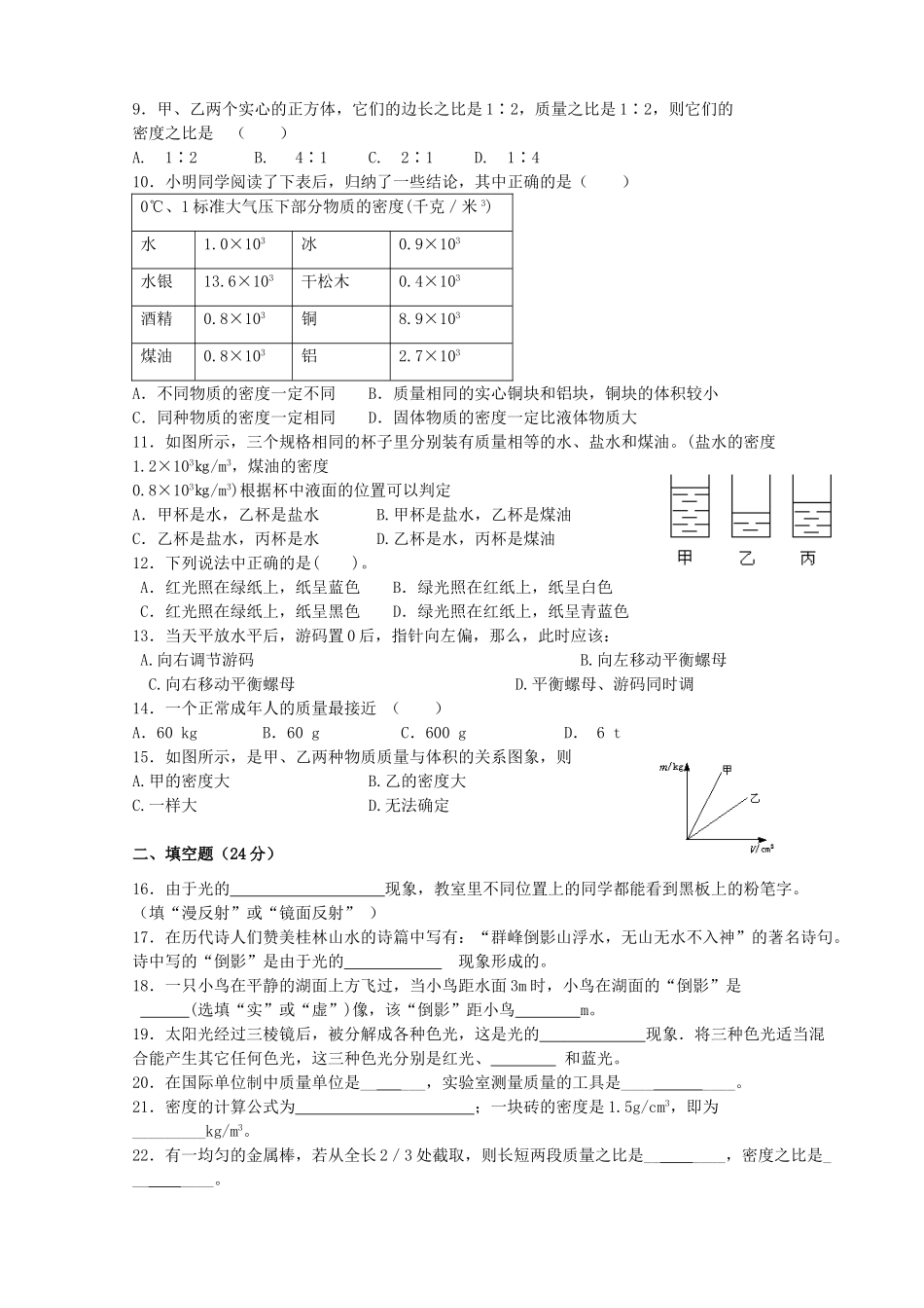 山东省济宁市微山县 八年级物理第二次阶段测评试卷 沪科版试卷_第2页